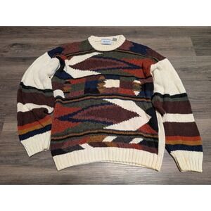 DUPLEX DESIGNS Mens Large Geometric Knit Sweater Cream Multicolor Pullover READ
